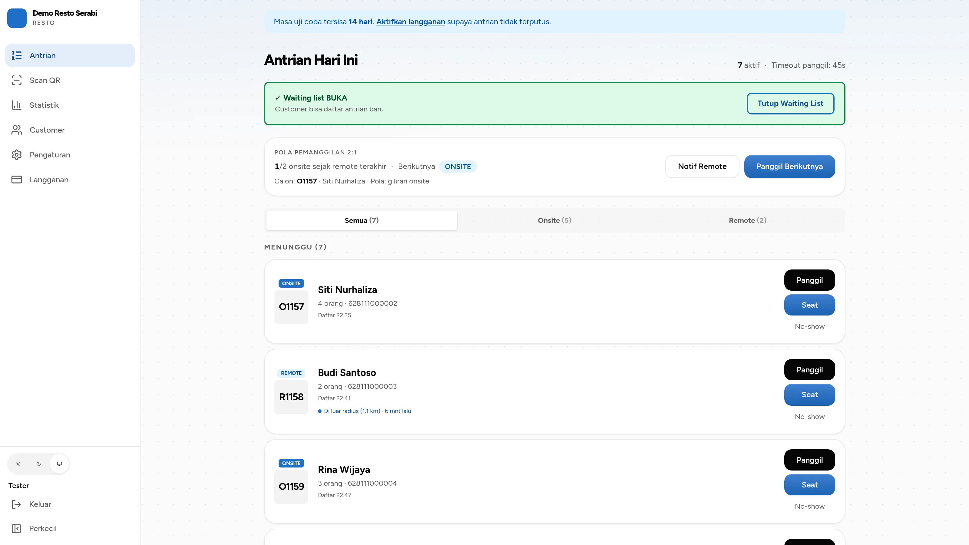 Dashboard antrian Antri Online: daftar tamu yang sedang menunggu dengan nomor antrian, jumlah orang, dan tombol panggil.