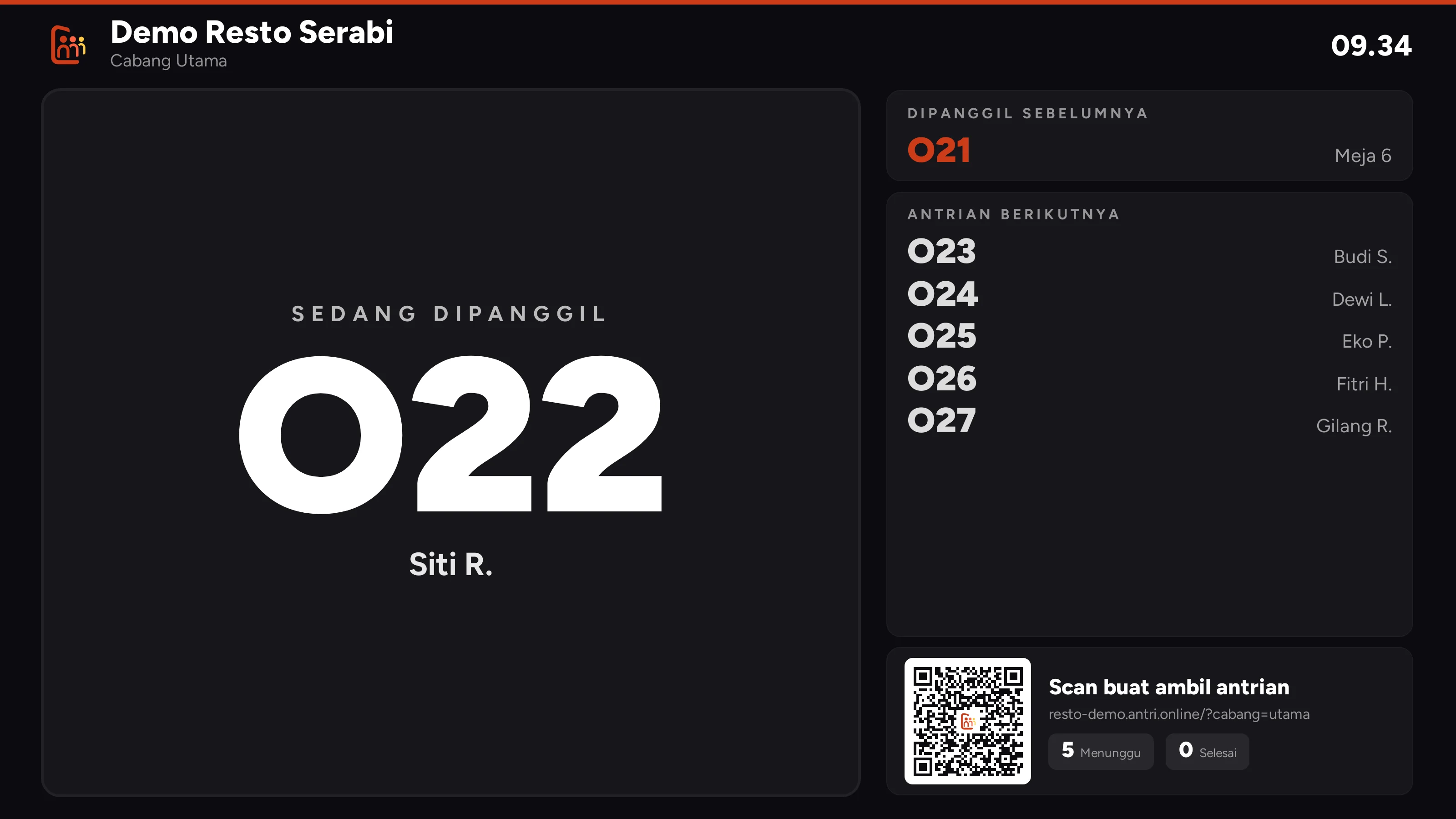 Layar antrian di TV: nomor O22 tampil besar, daftar antrian berikutnya di kanan, dan QR untuk ambil antrian di pojok bawah.